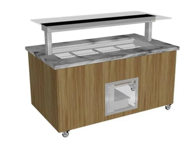 Culinaire CR.IBGJ.CWCF.U.GSF.6 | 6 Bay | Stone Top & Joinery Panels | Flat Glass Gantry | Mobile Refrigerated | Island Buffet Fridge