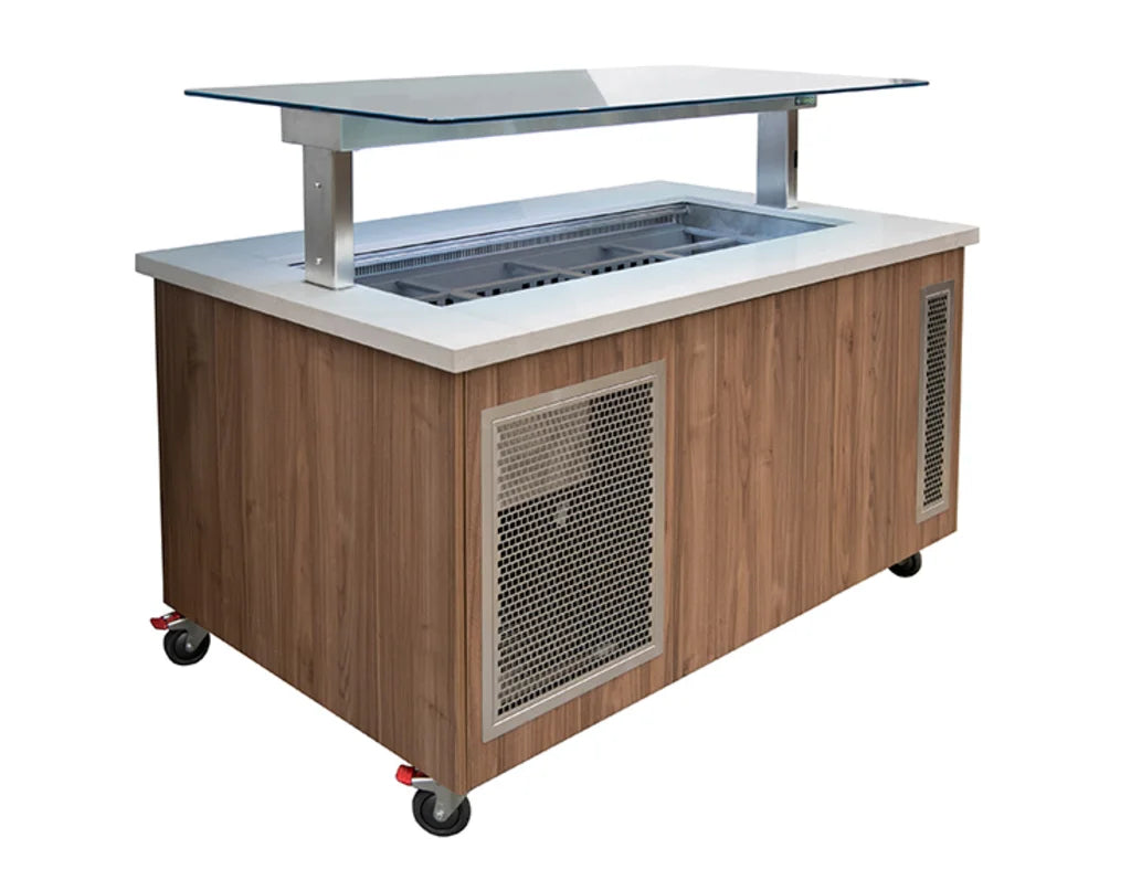 Culinaire CR.IBSJ.CWCF.U.GSF.8 | 8 Bay | S/S Top & Joinery Panels | Flat Glass Gantry | Mobile Refrigerated | Island Buffet Fridge