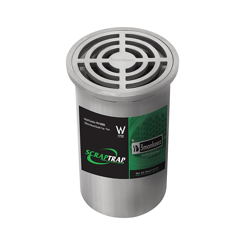 3monkeez FW-100BRL 112mm Round Floor Waste With Fixed Strainer And Removable Basket, Suits 100mm DWV, 304 SS