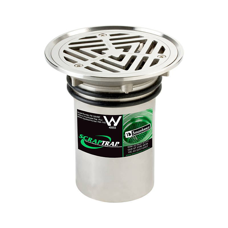 3monkeez FW-100VRBT 150mm Round Vinyl Floor Waste With Vinyl Clamp, Fixed Strainer And Removable Basket, Suits 100mm DWV or HDPE, 304 SS