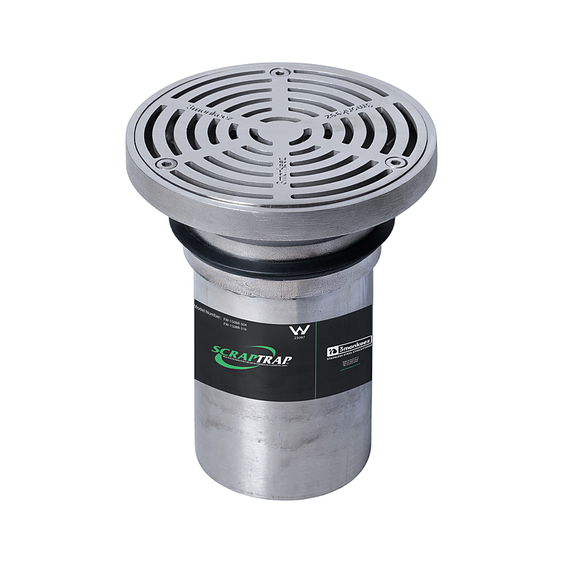 3monkeez FW-150BR-316 150mm Round Floor Waste With Fixed Strainer And Removable Basket, Suits 100mm Pipe - 316 Grade