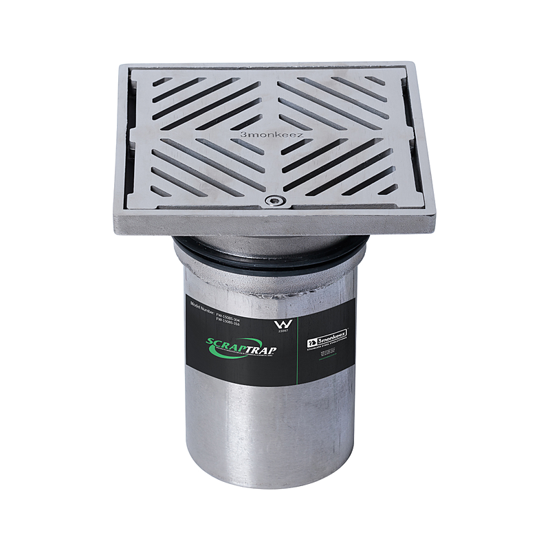 3monkeez FW-150BS-304 150mm Square Floor Waste With Fixed Strainer And Removable Basket, Suits 100mm Pipe - 304 Grade