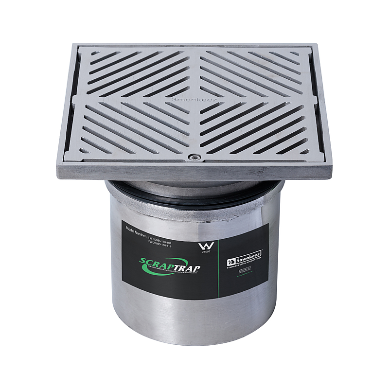 3monkeez FW-200BS-150-316 200mm Square Floor Waste With Fixed Strainer And Removable Basket, Suits 150mm Pipe - 316 Grade