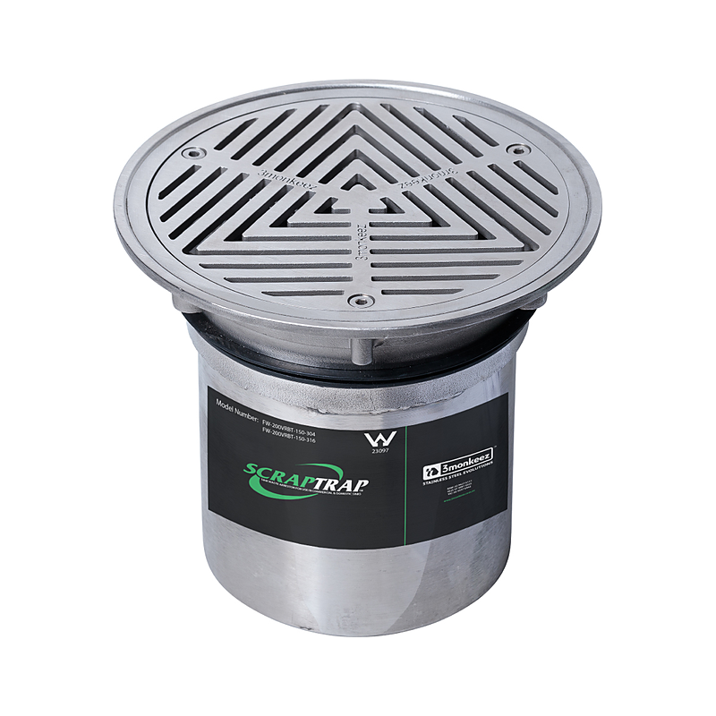 3monkeez FW-200VRBT-150-316 200mm Round Vinyl Floor Waste With Vinyl Clamp, Fixed Strainer And Removable Basket, Suits 150mm Pipe - 316 Grade