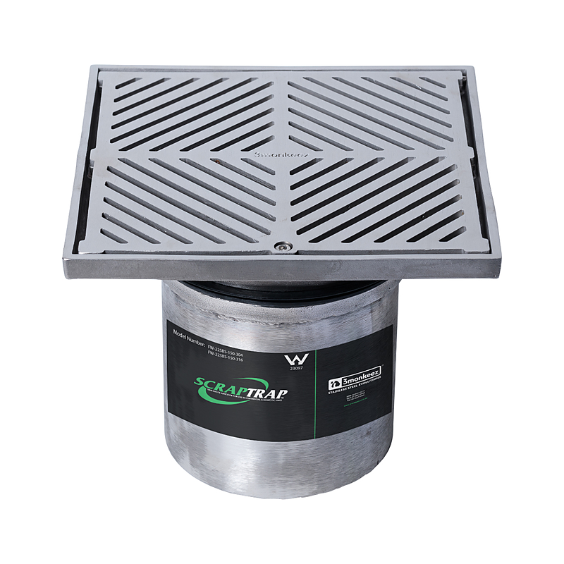 3monkeez FW-225BS-150-316 225mm Square Floor Waste With Fixed Strainer And Removable Basket, Suits 150mm Pipe - 316 Grade