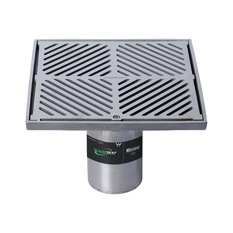 3monkeez FW-250BS-304 250mm Square Floor Waste With Fixed Strainer And Removable Basket, Suits 100mm Pipe - 304 Grade