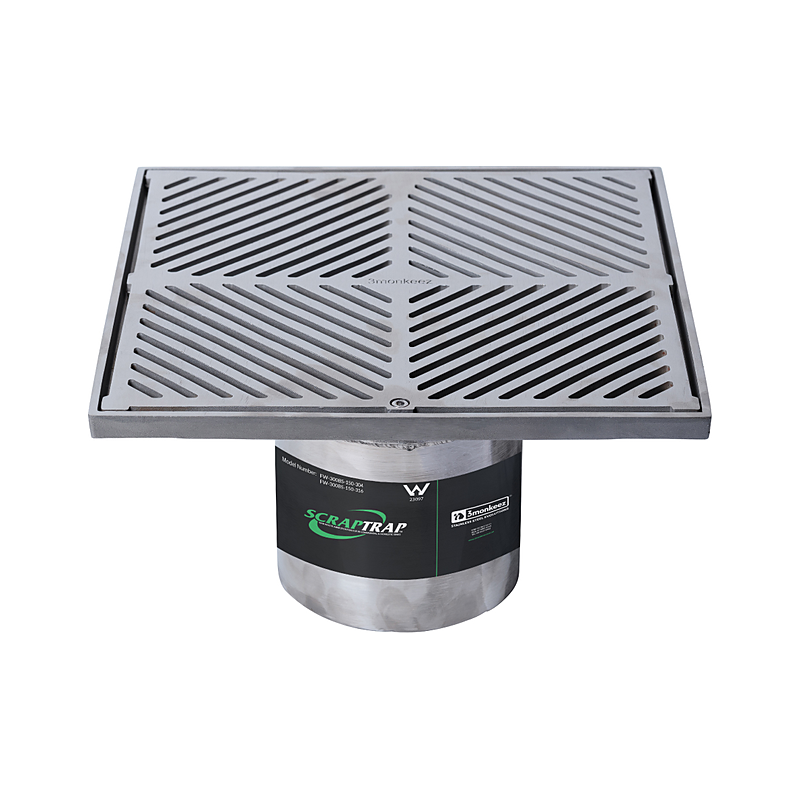 3monkeez FW-300BS-150-304 300mm Square Floor Waste With Fixed Strainer And Removable Basket, Suits 150mm Pipe - 304 Grade