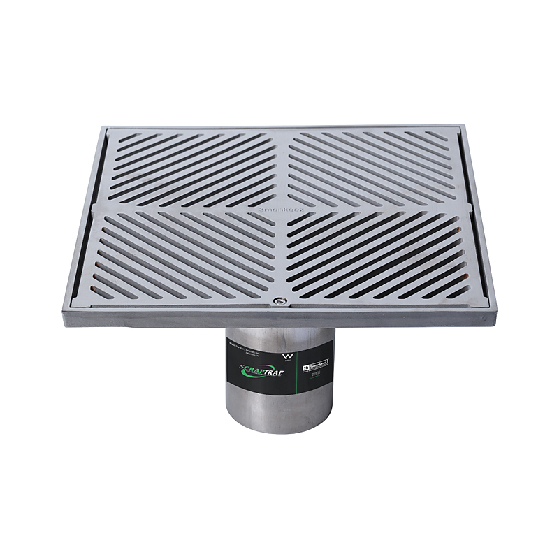 3monkeez FW-300BS-316 300mm Square Floor Waste With Fixed Strainer And Removable Basket, Suits 100mm Pipe - 316 Grade