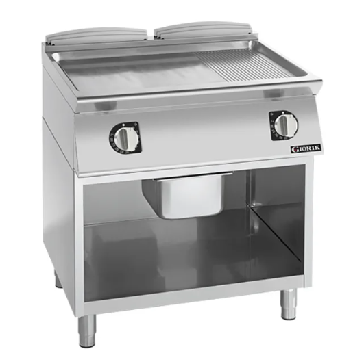 Giorik FME741GCRXT | 700 Series | 800mm Wide | 1/3 Ribbed 2/3 Smooth Satin Chrome Plate| On Open Base | Electric Frytop