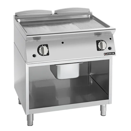 Giorik FMG741GCRXT | 700 Series | 800mm Wide | 1/3 Ribbed 2/3 Smooth Satin Chrome Plate Gas | On Open Base | Gas Frytop