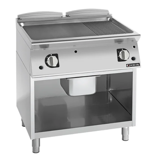 Giorik FMG741GFT | 700 Series | 800mm Wide | Series 1/3 Ribbed 2/3 | Smooth Mild Steel Plate | On Open Base | Gas Frytop