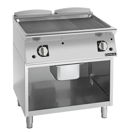 Giorik FMG941GFT| 900 Series | 800mm Wide | On Open Base | 1/3 Ribbed 2/3 | Smooth Mild Steel Plate | Gas Frytop