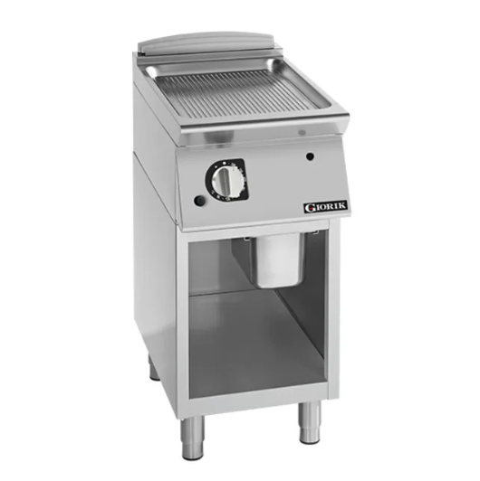 Giorik FRG92GCRXT| 900 Series | 400mm Wide | On Open Base | Ribbed Satin Chrome Gas Frytop | Gas Frytop