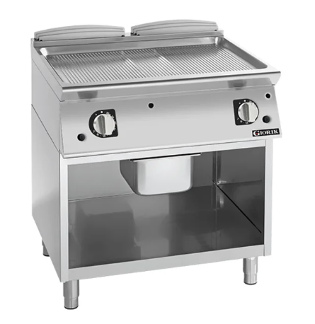 Giorik FRG941GCRXT| 900 Series | 800mm Wide | On Open Base | Ribbed Satin Chrome Plate | Gas Frytop