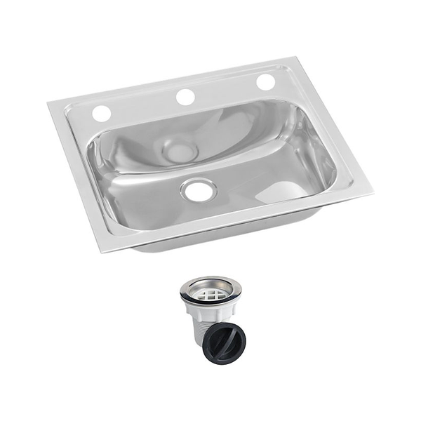 3monkeez HBF01-KIT-3 Inset Hand Basin with Fixing Clips and Seal and Plug and Waste, 40mm Outlet, 304 Grade Stainless Steel - 3 Tap Hole