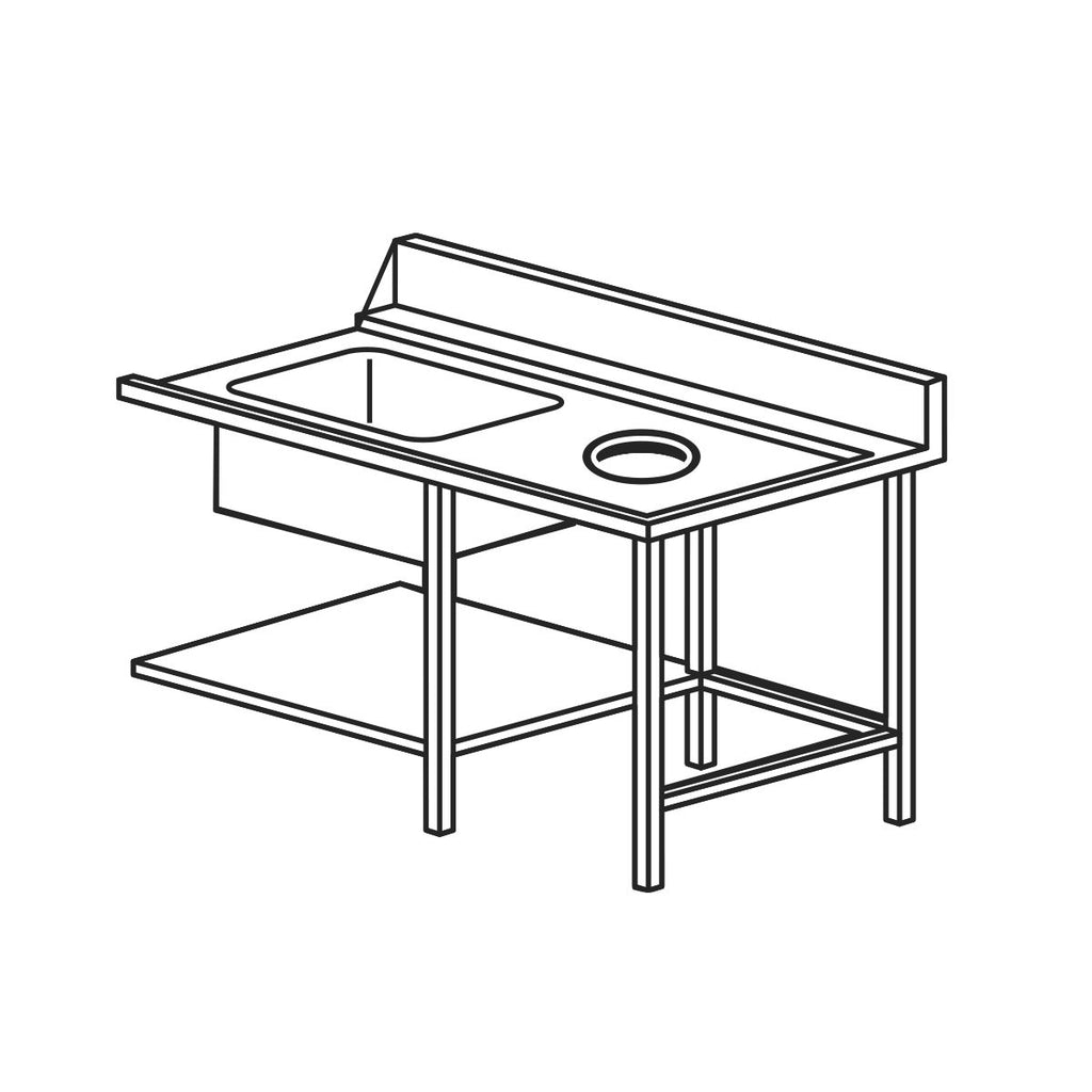 Mach TLV/96132DX | Wet 1300mm R/H Inlet Pre-wash Single Sink Bench with Scraping Hole, Undershelf and Rear Splashback Suited for HT635