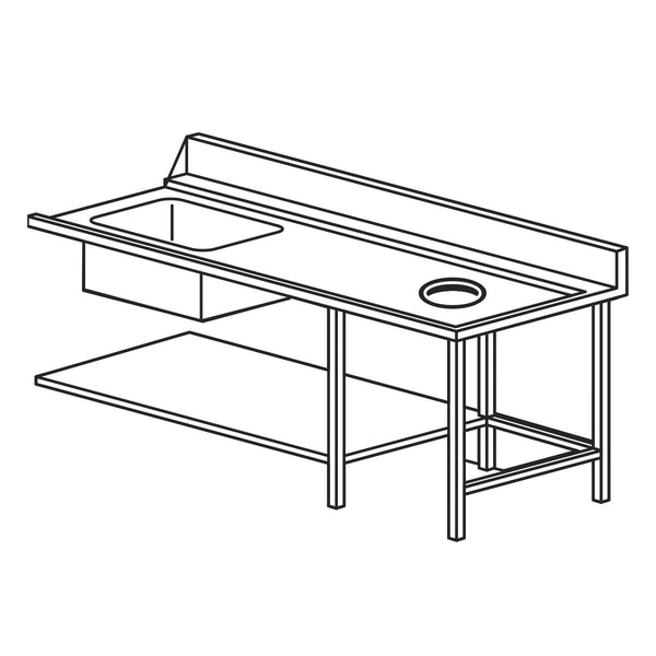 Mach TLV/96182DX | Wet 1800mm R/H Inlet Pre-wash Single Sink Bench with Scraping Hole, Undershelf and Rear Splashback Suited for HT635