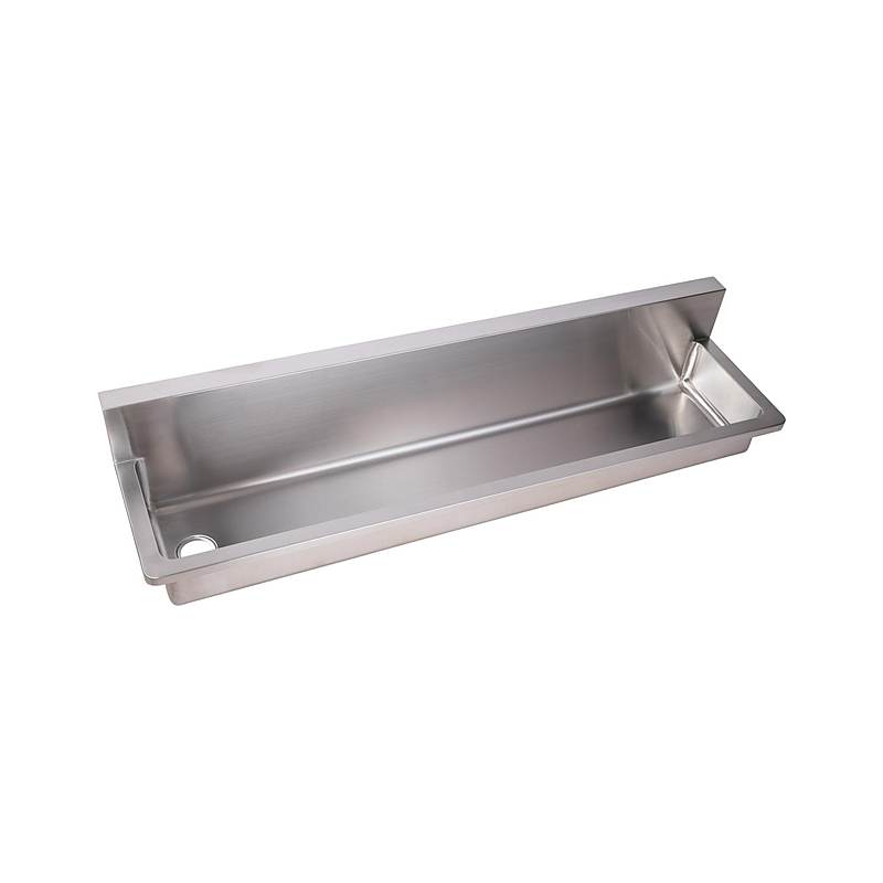 3monkeez PWD-1200L PWD Trough with Wall Brackets, 60mm Boxed Splashback, Includes Fall to 50mm LH Outlet - 125mm In, Internal and External Radius Corners, 304 Stainless Steel - 120