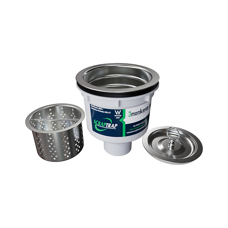 3monkeez SSBW-1 Scraptrap - Suit 40mm Outlet, 40mm BSP Connection, Includes Fixed Strainer and - Removable Basket