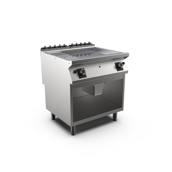 Mareno FT78GMCG-NG M1 70 Series Gas Griddle Top with 2/3 Smooth and 1/3 Ribbed Chromed Plate on Open Stand I Freestanding I 800mm wide