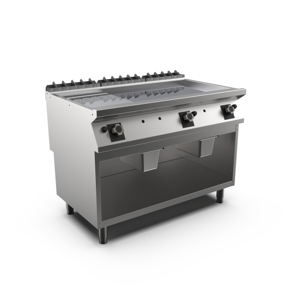 Mareno FT912GMCG-NG M1 90 Series Gas Griddle Top with 2/3 Smooth and 1/3 Ribbed Chromed Plate on Open Stand I 1200mm Wide