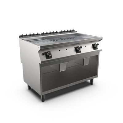 Mareno FT912GMCG-NG M1 90 Series Gas Griddle Top with 2/3 Smooth and 1/3 Ribbed Chromed Plate on Open Stand I 1200mm Wide