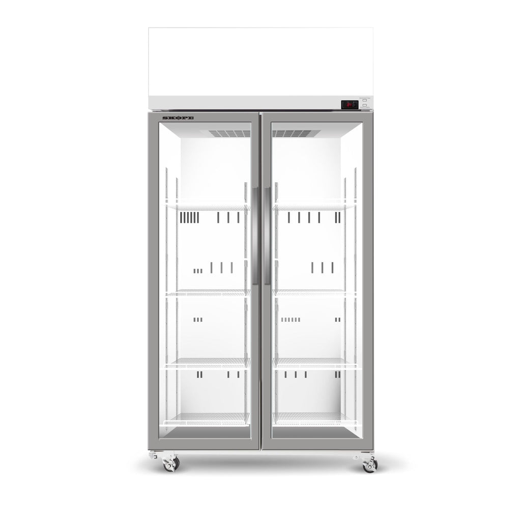 SKOPE TCE1000N EziCore Top Mount Upright Fridge | 2 Glass Doors with 4 Shelves and Lit Sign