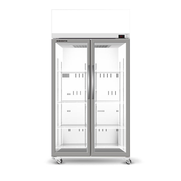 SKOPE TCE1000N EziCore Top Mount Upright Fridge | 2 Glass Doors with 4 Shelves and Lit Sign
