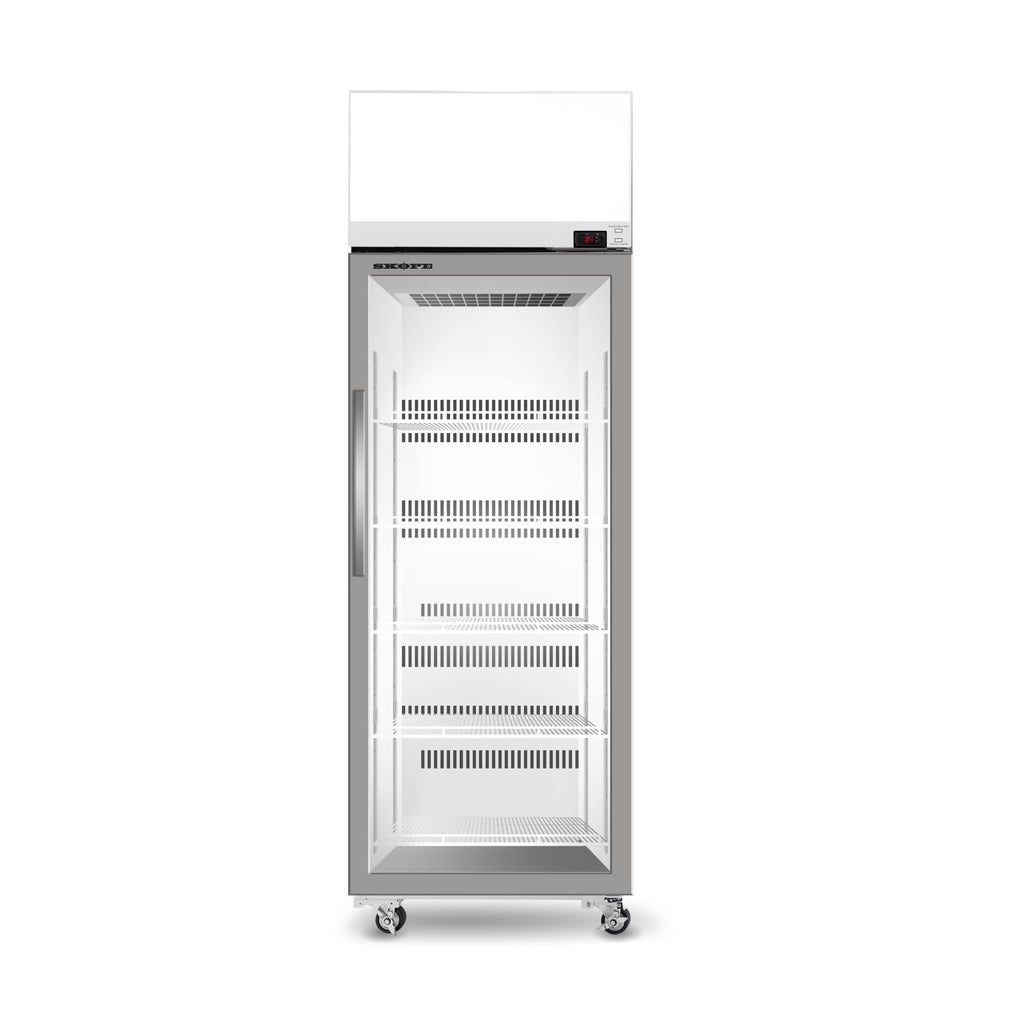 SKOPE TCE650N EziCore Top Mount Upright Fridge | 1 Glass Door with 4 Shelves and Lit Sign