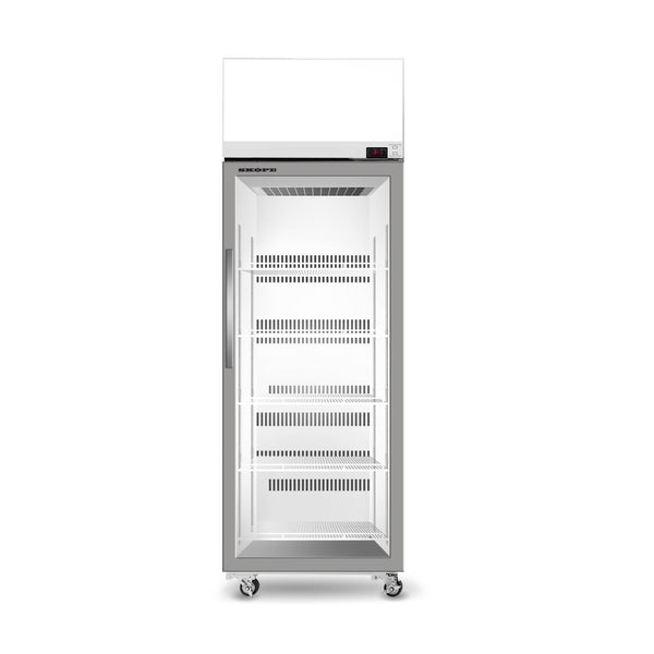 SKOPE TCE650N EziCore Top Mount Upright Fridge | 1 Glass Door with 4 Shelves and Lit Sign