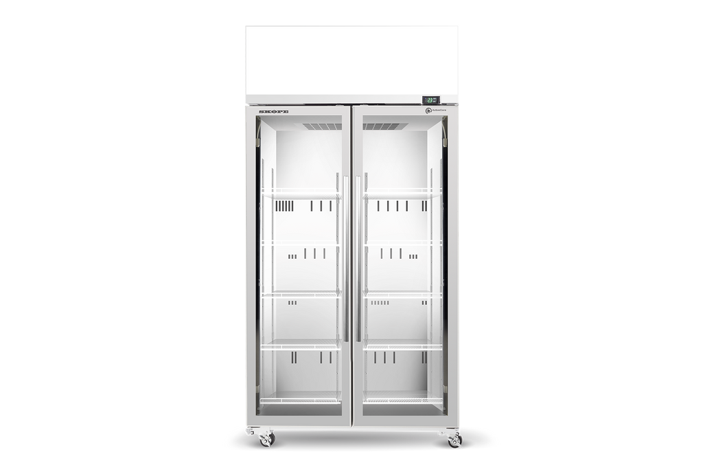 SKOPE TME1000N-AC ActiveCore Top Mount Upright Fridge | 2 Glass Door Lit Sign with 5 Shelves per Door
