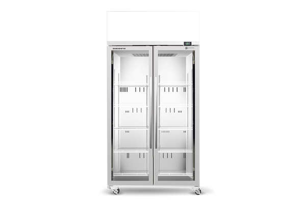 SKOPE TME1000N-AC ActiveCore Top Mount Upright Fridge | 2 Glass Door Lit Sign with 5 Shelves per Door