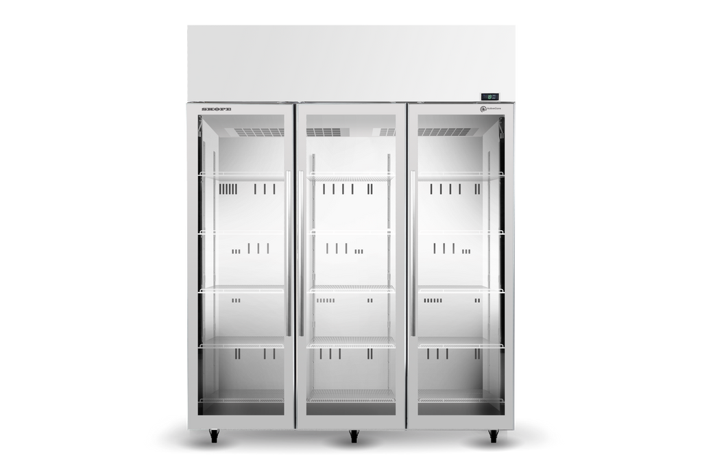 SKOPE TME1500N-A ActiveCore Top Mount Upright Fridge | 3 Glass Doors with 5 Shelves per Door