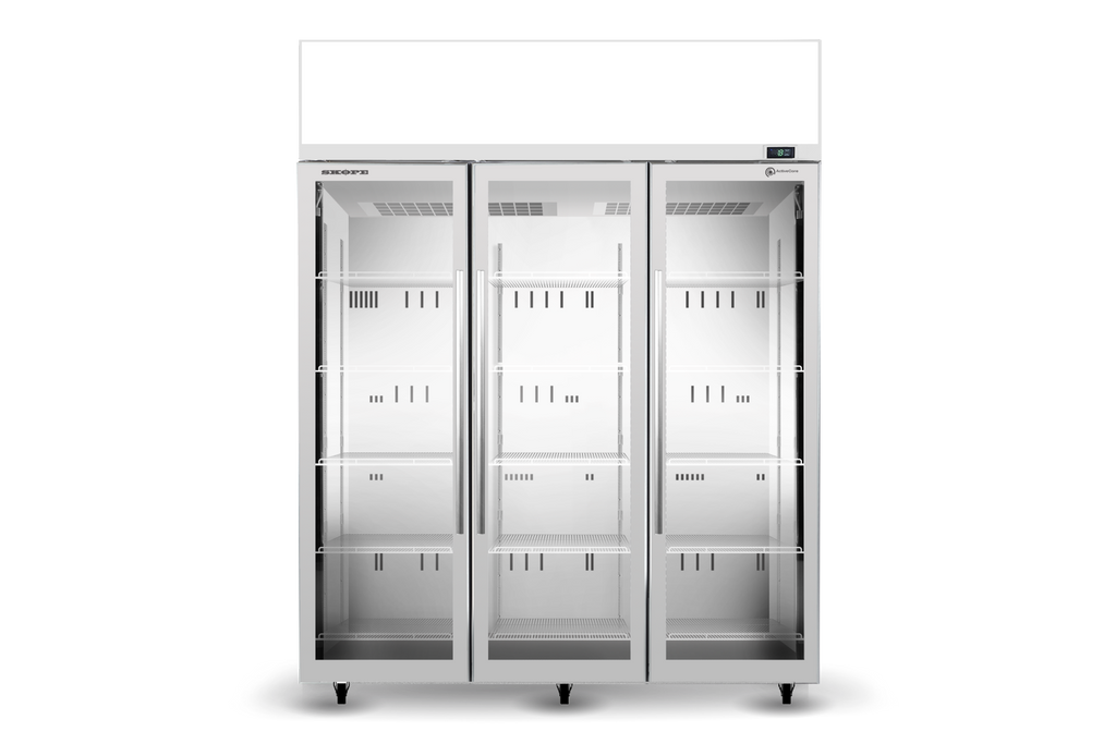 SKOPE TME1500N-AC ActiveCore Top Mount Upright Fridge | 3 Glass Door Lit Sign with 5 Shelves per Door