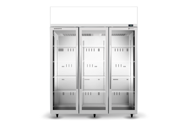 SKOPE TME1500N-AC ActiveCore Top Mount Upright Fridge | 3 Glass Door Lit Sign with 5 Shelves per Door