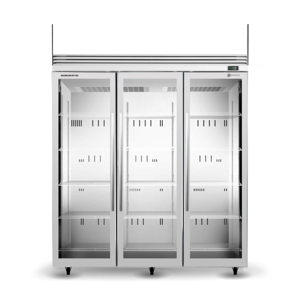 SKOPE TMF1500N-AC ActiveCore Upright Freezer | 3 Glass Door Lit Sign with 5 Shelves per Door
