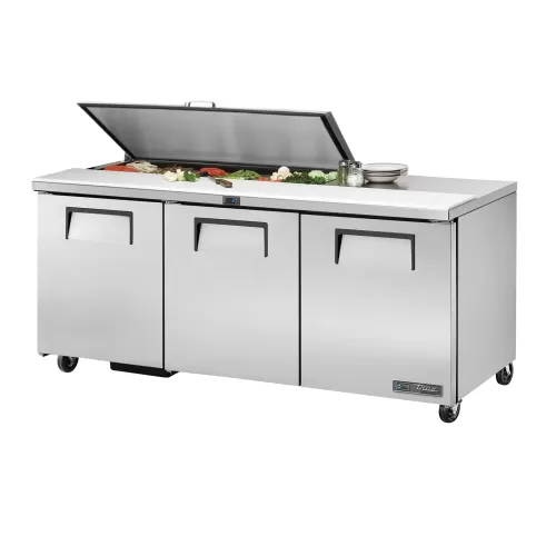 True Refrigeration TSSU-72-16-ST-HC FLID Prep Table Refrigerators | 16x 1/6 Top Pans | 3 Solid Swing Door | Removable lids | 538 Litres