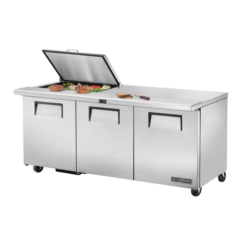 True Refrigeration TSSU-72-12M-B-HC FLID Prep Table Refrigerators | 12x 1/6 Top Pans | 3 Solid Swing Door | Removable lids | 538 Litres