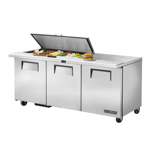 True Refrigeration TSSU-72-15M-B-HC FLID Prep Table Refrigerators | 15x 1/6 Top Pans | 3 Solid Swing Door | Removable lids | 538 Litres