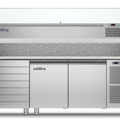 Coldline TZ13/1MC VP | 2 Door + Drawers Pizza Preparation Counter | With Granite Worktop -2°+8°C and Display Case -2 +10°C