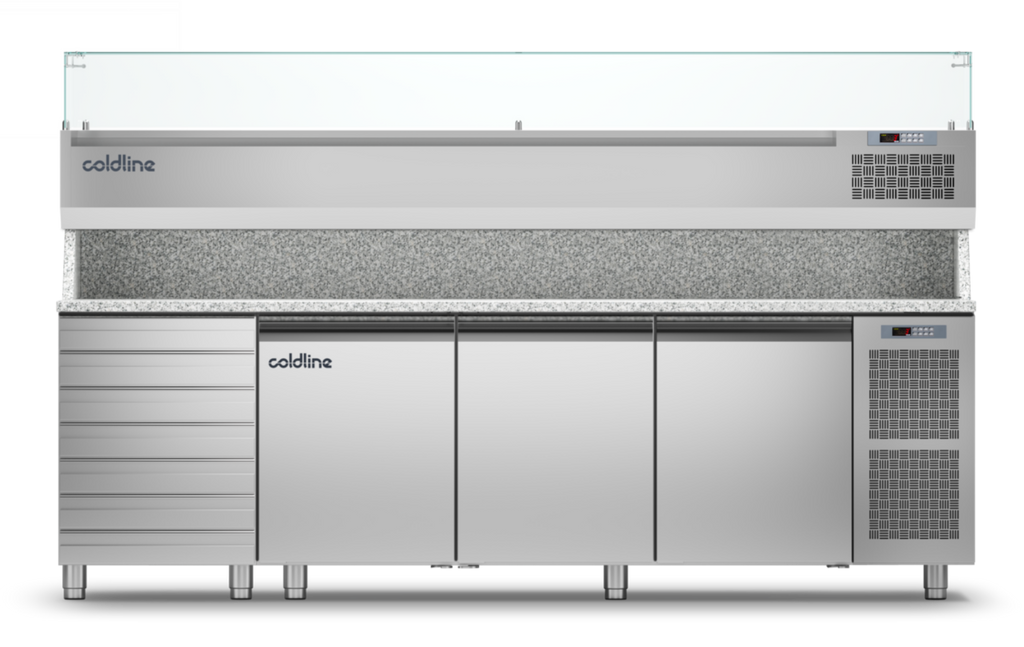 Coldline TZ17/1MC VP|3 Door + Drawers Pizza Preparation Counter with