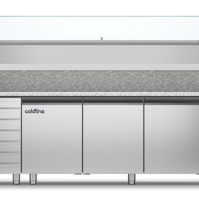 Coldline TZ17/1MC VP | 3 Door | Drawers Pizza Preparation Counter | with Granite worktop -2°+8°C and Display Case -2 +10°C