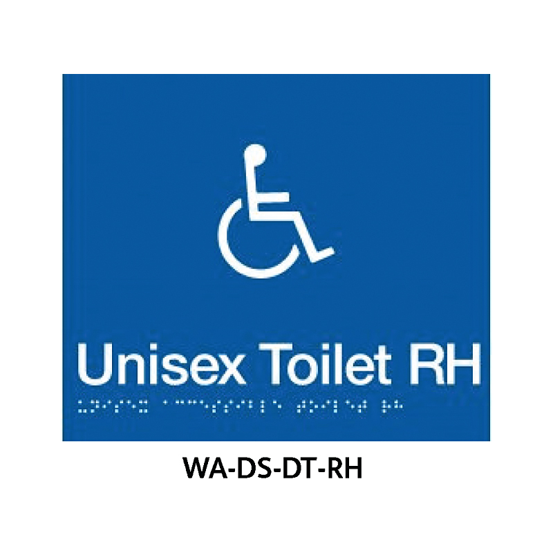 3monkeez WA-DS-DT-RH Blue ABS Plastic Door Sign With Braille for Female Toilet and Female Ambulant - Grab Rail. 150mm x 150mm RHS Grab Rail