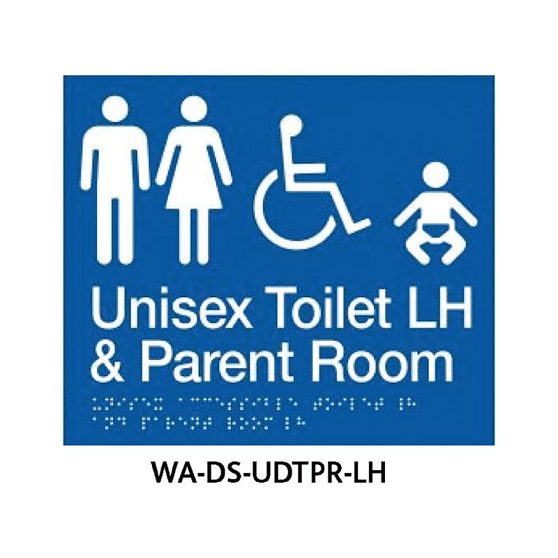 3monkeez WA-DS-UDTPR-LH Blue ABS Plastic Door Sign With Braille for Unisex Accessible LHS Grab Rail