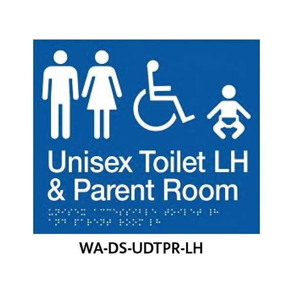 3monkeez WA-DS-UDTPR-LH Blue ABS Plastic Door Sign With Braille for Unisex Accessible LHS Grab Rail