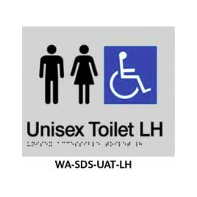 3monkeez WA-SDS-UAT-LH Silver ABS Plastic Door Sign With Braille for Unisex Accessible LHS Grab Rail
