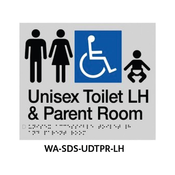 3monkeez WA-SDS-UDTPR-LH Silver ABS Plastic Door Sign With Braille for Unisex Accessible LHS Grab Rail