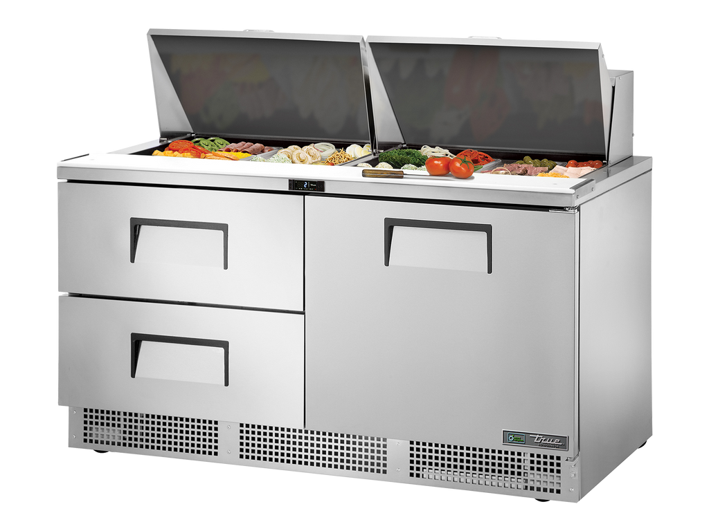 True Refrigeration TFP-64-24M-D-2-HC Prep Table Refrigerators | 24x 1/6 Top Pans | 2 Drawers + 1 Solid Swing Door | 623 Litres