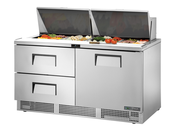 True Refrigeration TFP-64-24M-D-2-HC Prep Table Refrigerators | 24x 1/6 Top Pans | 2 Drawers + 1 Solid Swing Door | 623 Litres