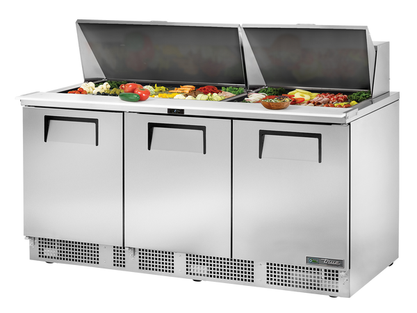 True Refrigeration TFP-72-30M-HC Prep Table Refrigerators | 30x 1/6 Top Pans | 3 Solid Swing Doors | 708 Litres